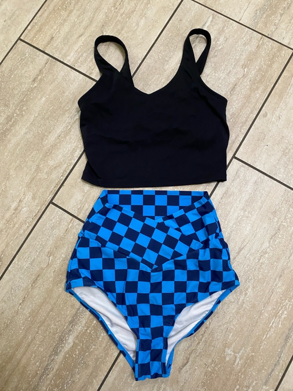 High-Waist Checker Bikini Set with Black Crop Tank